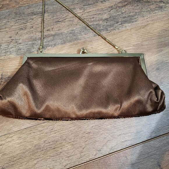Vintage Brown Sheen Braided Satin Textured Kiss Lock Crossbody Clutch Handbag - Picture 5 of 12